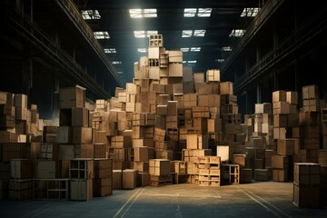 Stacked boxes in a warehouse. Generative AI - obrazy, fototapety, plakaty