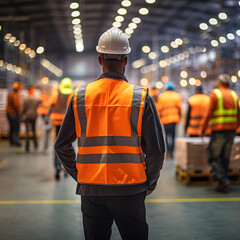 Occupational Health and Safety worker from behind in black reflective vest and helmet standing in production hall with people around in motion blur. - obrazy, fototapety, plakaty