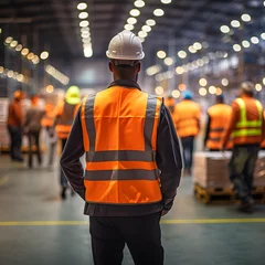 Foto op Canvas Occupational Health and Safety worker from behind in black reflective vest and helmet standing in production hall with people around in motion blur. © Stock Creator