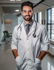 Doctor sonriente con fonendoscopio en un hospital