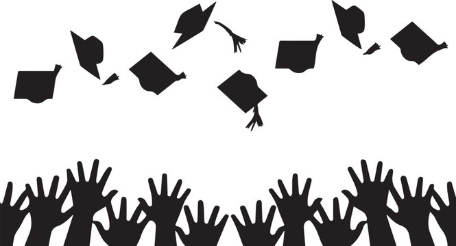 graduation ceremony, graduates, diverse, happy hands with mortarboard, university, academic title