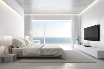 Luxurious living space with sea view, double bed, and a TV stand in a beach house. White concrete wall background in a vacation home or holiday villa. 3D illustration of hotel interior. Generative AI