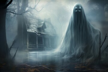 Ghostly house. Creepy evil fear. Generate Ai