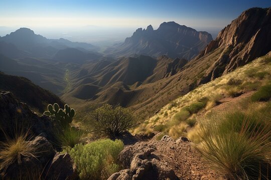 Scenic view of Texas landscape at Big Bend National Park, featuring Emory Peak, Chisos Basin, and Window Trail. Generative AI