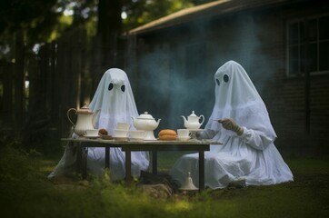 Eerie Ghosts take tea picnic house. Face smoke. Generate Ai