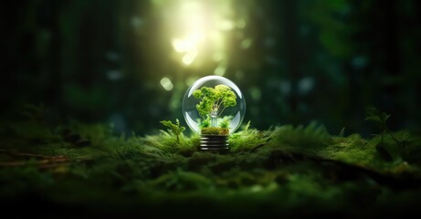 Light bulb in nature with renewable energy concept. Renewable energy sources, Ecology. Generative AI - obrazy, fototapety, plakaty