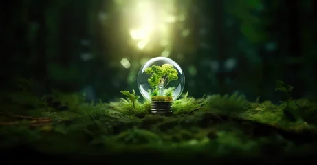 Fotobehang Light bulb in nature with renewable energy concept. Renewable energy sources, Ecology. Generative AI © Nanda