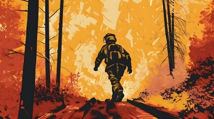 Illustration of a firefighter walking through a forest with a raging fire in the background, Created with Generative AI Technology