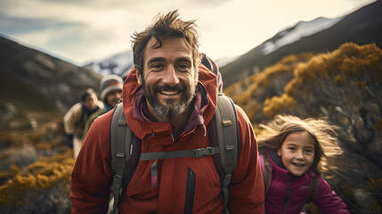 father with his daughters, trekking in the mountains in Bariloche, Argentine Patagonia, traveling through Latin America, family time - obrazy, fototapety, plakaty