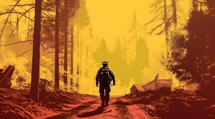 Illustration of a firefighter walking through a forest during a wildfire, Created with Generative AI Technology