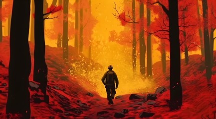 Fototapeta premium Illustration of a firefighter walking through a dense forest during a fire, Created with Generative AI Technology