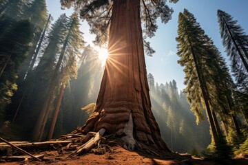 Giant sequoia tree. Green forest nature. Generate Ai