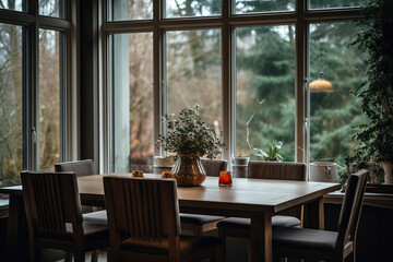 Dining table with chairs by window at home, generative ai 