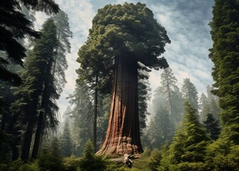 Ancient Giant sequoia tree. Green forest nature. Generate Ai