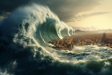 Unforeseen Tsunami wave. Nature ocean storm. Generate Ai