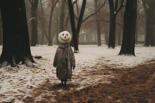 creepy snowman in a gloomy park, generative ai 