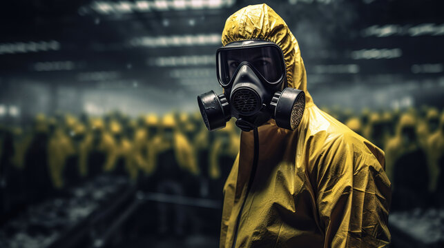 man in chemical protective mask and radioactive protective suit, generative ai