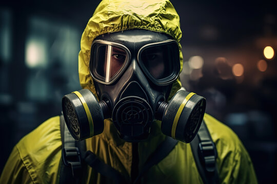 man in chemical protective mask and radioactive protective suit, generative ai