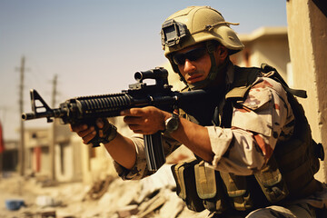 Naklejka premium soldier takes aim with a weapon in his hands in a combat zone, generative ai 