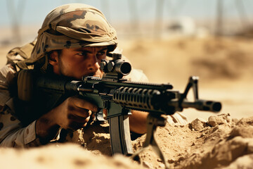 Fototapeta premium soldier takes aim with a weapon in his hands in a combat zone, generative ai 
