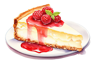 Watercolor of delicious Strawberry Cheesecake dessert served on plate isolated on transparent background, Sweeties food decorated concept.