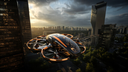 Drohnen Taxi zum transport von Menschen im edlen modernen Design im Querformat für Banner, ai generativ