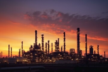 Obraz na płótnie Canvas Industrial scene, oil refinery work at sunset. Generative AI