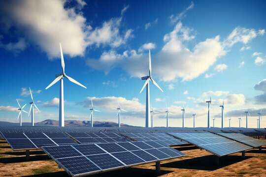 Renewable energy sources featuring wind turbines, solar panels, and clouds in the sky. Generative AI