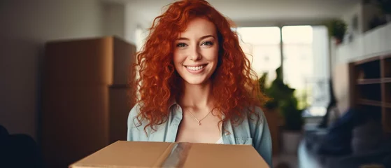 Foto op Plexiglas New Beginnings : Radiant young woman with red head hair, carrying large box during a move. Empty, illuminated apartment as backdrop. Symbol of fresh start and new life in apartment. Generative ai © Mickael