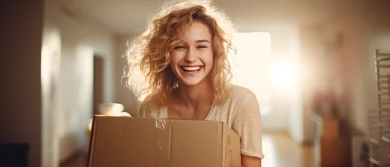 Deurstickers New Beginnings : Radiant young woman with blond hair, carrying large box during a move. Empty, illuminated apartment as backdrop. Symbol of fresh start and new life in apartment. Generative ai © Mickael