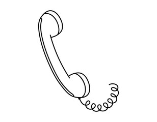 Hand drawn cute outline illustration of retro phone handset. Flat vector old telephone with dial sticker in simple line art doodle style. Call device line icon or print. Isolated on white background.