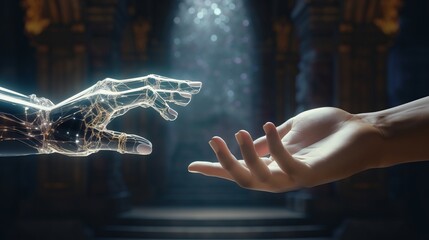 A human hand and a holographic humanoid hand delicately touch each other, harmonious coexistence of humans and AI technology, artificial intelligence, machine learning, virtual reality