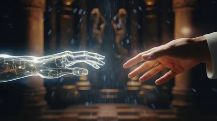 Fotobehang A human hand and a holographic humanoid hand delicately touch each other, harmonious coexistence of humans and AI technology, artificial intelligence, machine learning, virtual reality © bedaniel