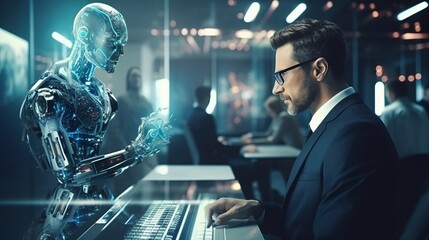Person working with an ai hologram, harmonious coexistence of humans and AI technology, artificial intelligence, machine learning, virtual reality, futuristic technology