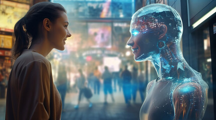 Fototapeta na wymiar Woman talking with ai hologram, harmonious coexistence of humans and AI technology, artificial intelligence, machine learning, virtual reality, futuristic technology