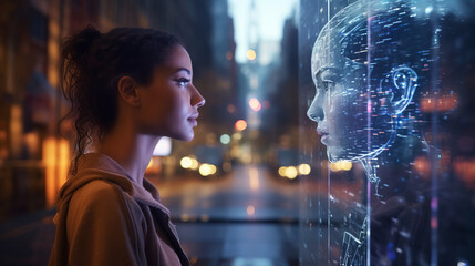 Fototapeta na wymiar Woman talking with ai hologram, harmonious coexistence of humans and AI technology, artificial intelligence, machine learning, virtual reality, futuristic technology