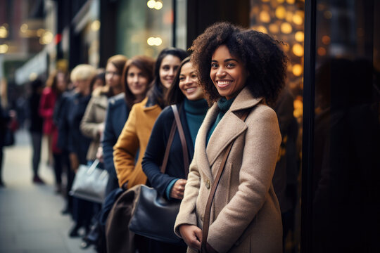 Black Friday Konzept, lächelnde Frauen stehen in der Schlange vor einem Geschäft um auf Schnäppchenjagd zu gehen, Konsum und Kauflust
