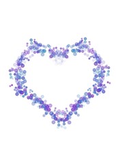 Small circles of different sizes and transparency of blue and purple colors and their shades are folded into a heart on a white background, Close-up. Illustration.