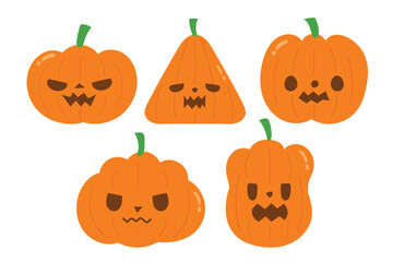 Halloween pumpkins in October Many facial expressions and emotions and many shapes, orange