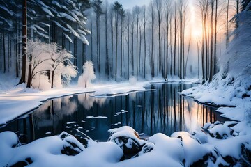 Snowfall over the river at sunset, winter view