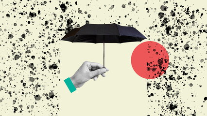 Collage with hand and umbrella as symbol of insurance, care, and finance support. Protection and security concept