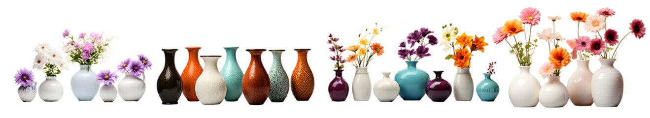 collection of trendy vases with beautiful unique style. A stylish interior household with beautiful blossom's bouquet in it