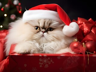 Fluffy cat lies in Christmas decorations