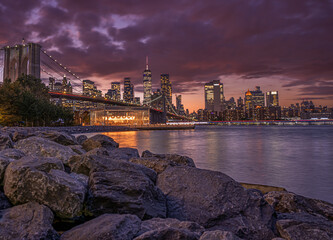 brooklyn bumdo perspective of New york city skyline at sunset
