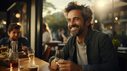 Cheerful mid aged Caucasian man in casual sitting at cafe smiles holds glass of wine, enjoying conversation. Bearded European male relaxing on weekend at restaurant. Leisure, vacation. - obrazy, fototapety, plakaty