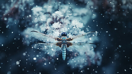 Libelle im Schnee in wunderbaren blauen Farbton als Querformat für Banner, ai generativ - obrazy, fototapety, plakaty