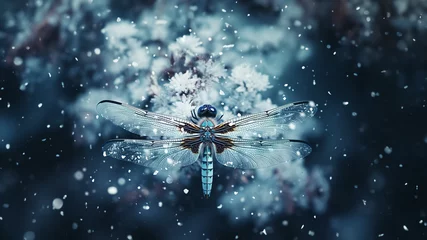 Foto op Plexiglas Libelle im Schnee in wunderbaren blauen Farbton als Querformat für Banner, ai generativ © www.freund-foto.de