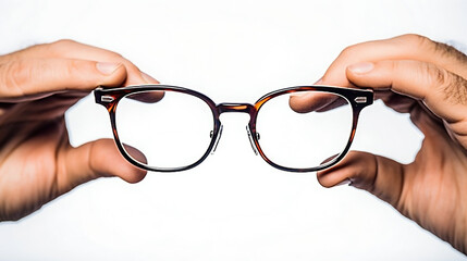 Opticien fait essayer les lunettes à son client, zoom sur les mains et les lunettes - obrazy, fototapety, plakaty