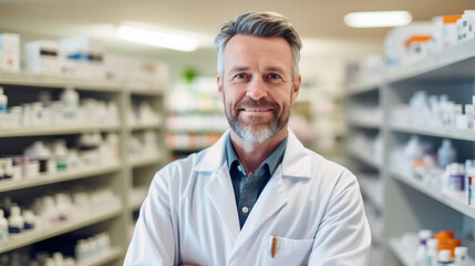 Pharmacien en tenue dans sa pharmacie, homme en focus avec un léger flou sur le background - obrazy, fototapety, plakaty
