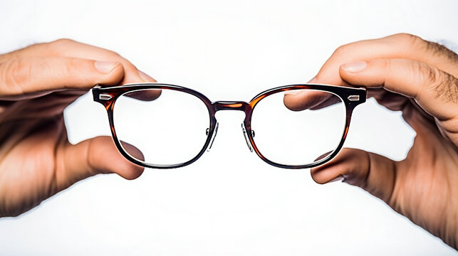 Opticien fait essayer les lunettes &agrave; son client, zoom sur les mains et les lunettes
